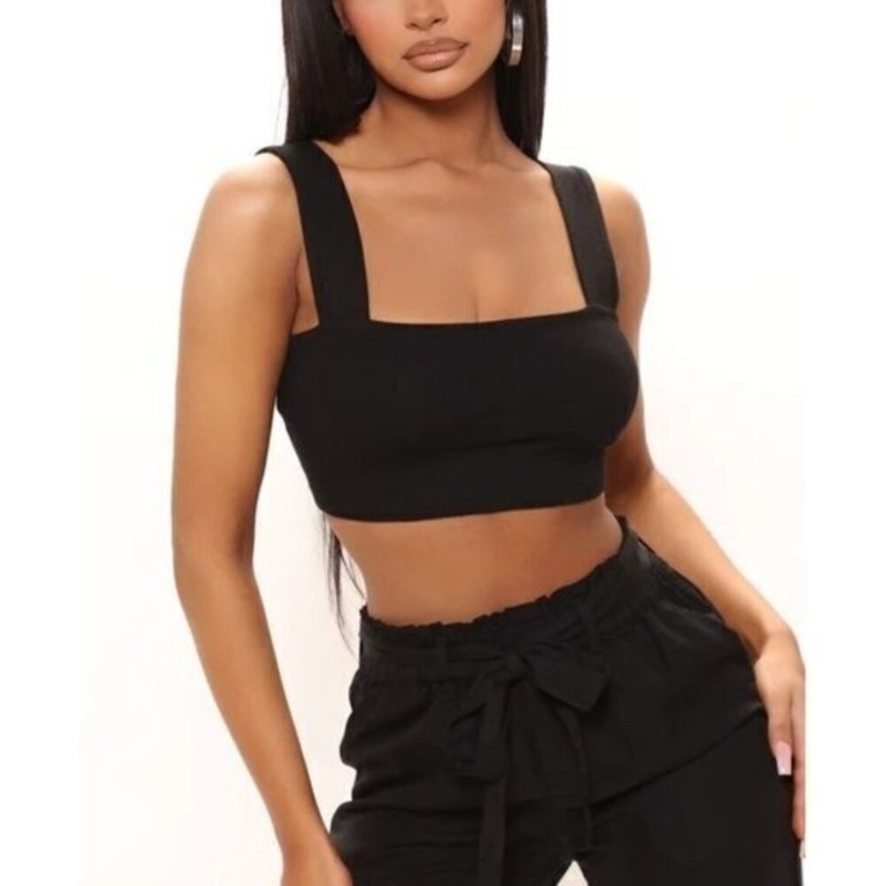 Ambiance Black Cotton Blend Square Neck Wide Straps Crop Tank Size M RefFNB